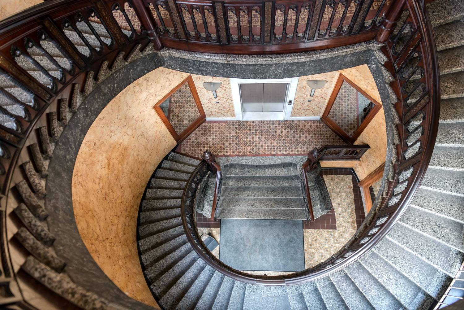 Aerial view of a classic spiral staircase in Hamburg, Germany.