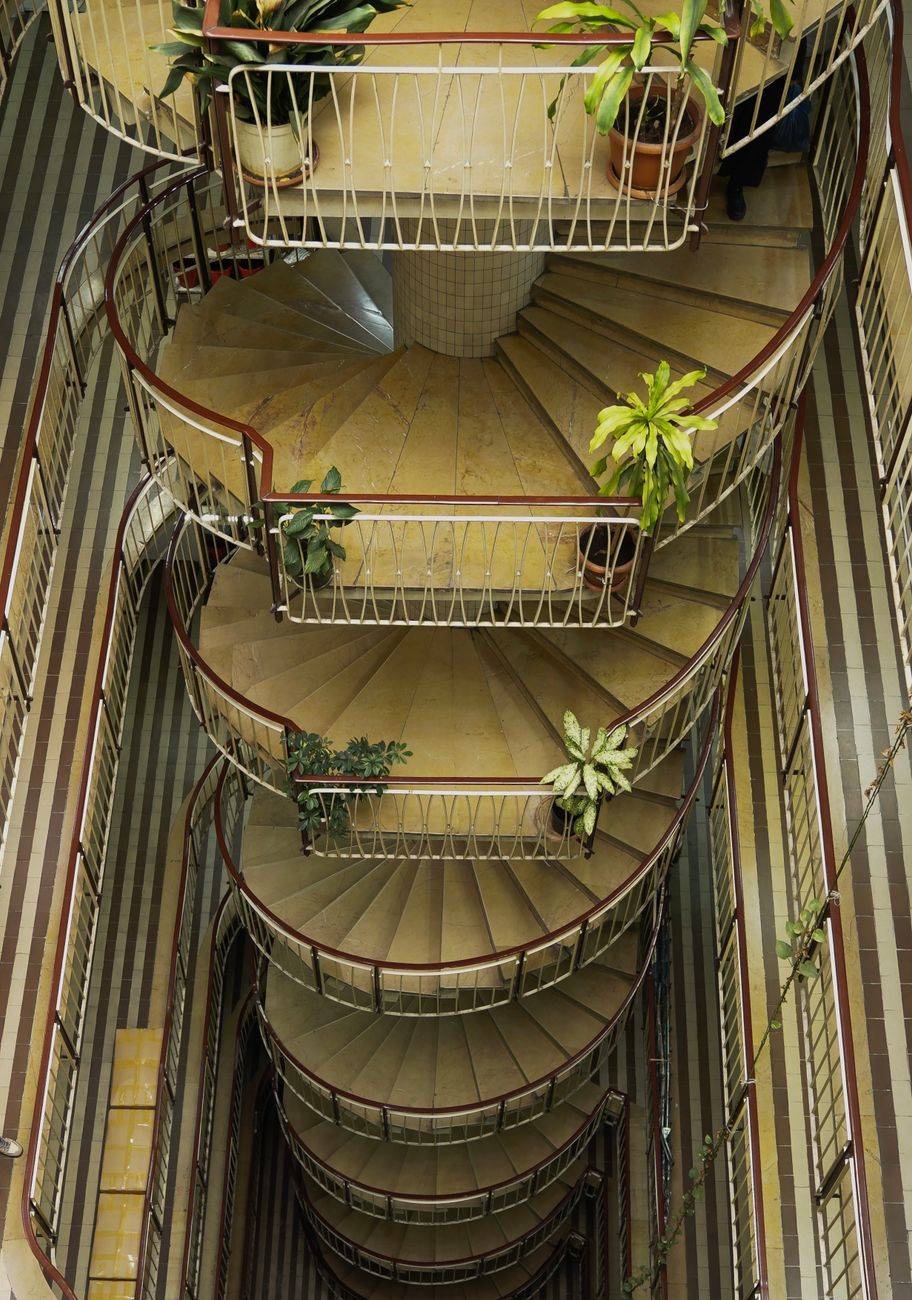 Aerial view of a spiral staircase adorned with potted plants, showcasing architectural design.