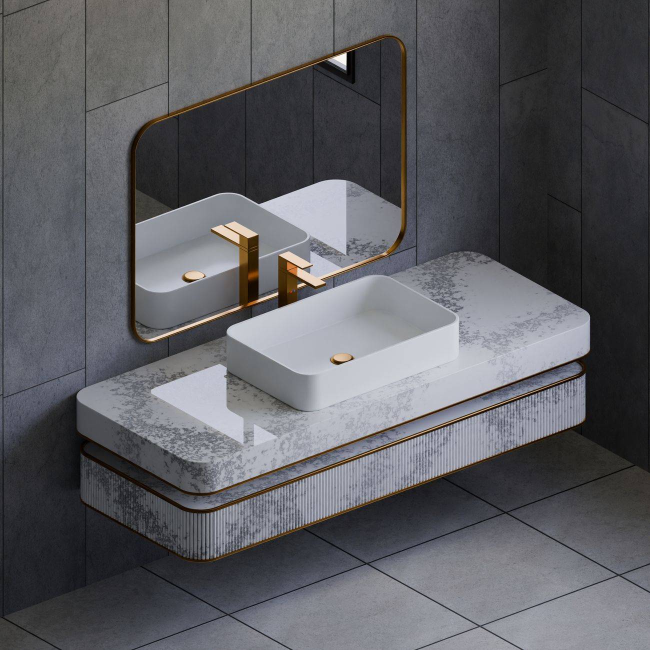 Stylish bathroom vanity with golden accents and a marble finish, perfect for contemporary interiors.