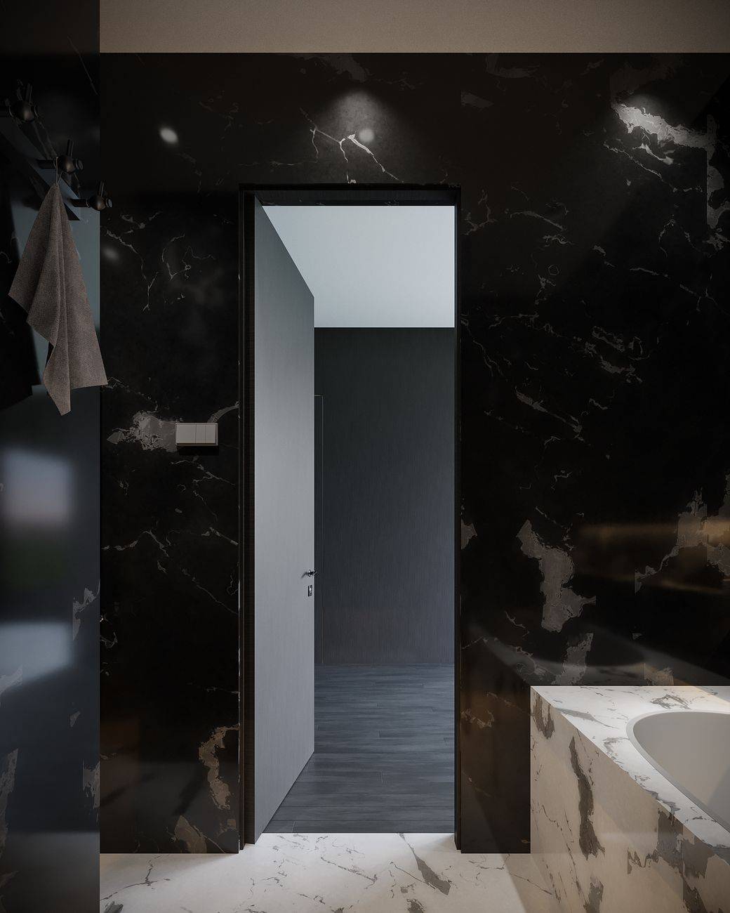 Sophisticated bathroom interior with a sleek open door, showcasing luxurious marble walls and flooring.