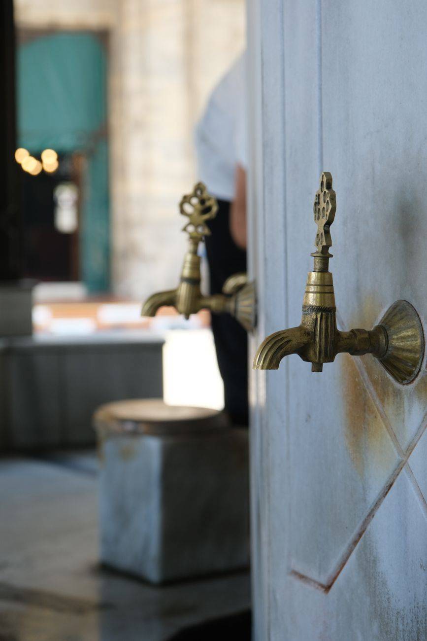 Close-up of ornate brass water taps in a historical indoor setting with marble walls.