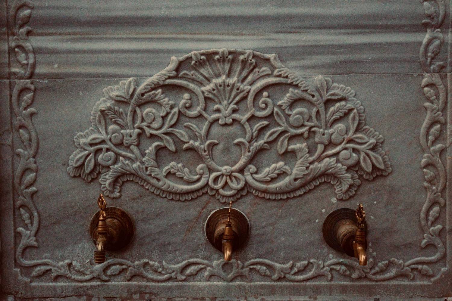 Ornate carved wall with decorative bronze taps showing artistic craftsmanship, perfect for vintage decor themes.