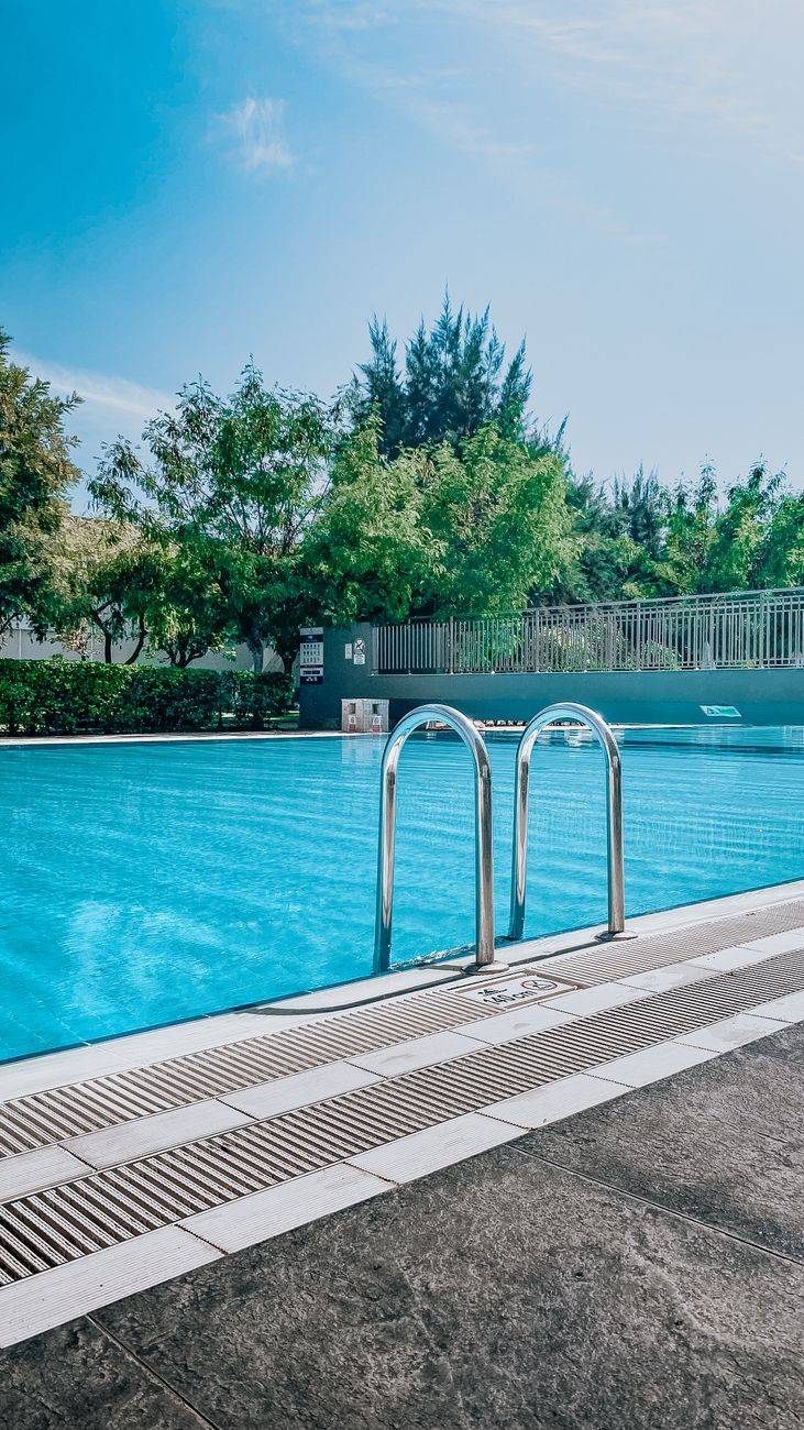Crystal-clear outdoor swimming pool on a sunny day surrounded by greenery.