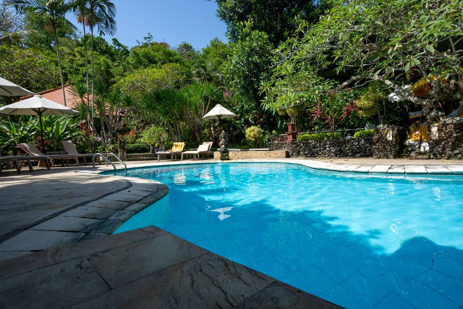 Relaxing poolside escape surrounded by lush greenery in Bali, Indonesia.