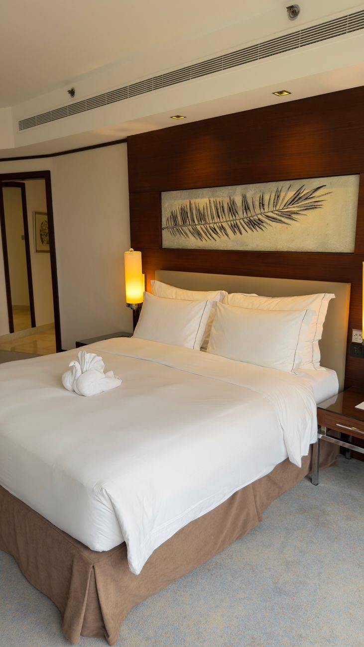 Spacious hotel room featuring a plush bed and modern decor, perfect for relaxation.